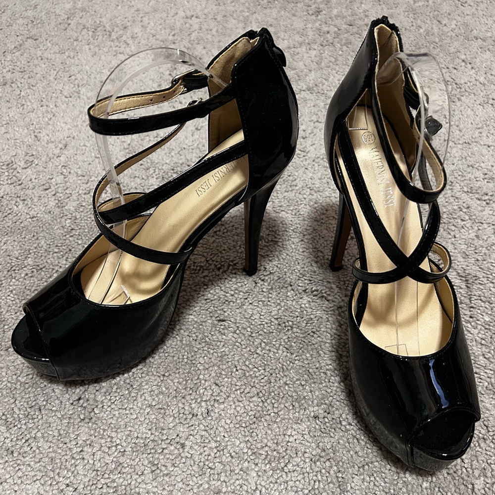 Black Patent Peep-Toe Platform Stiletto Heels